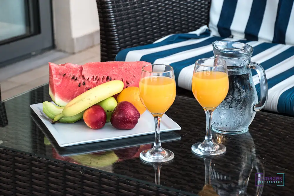φωτογράφιση ξενοδοχείου, λεπτομέρεια με τρόφιμα και φρούτα